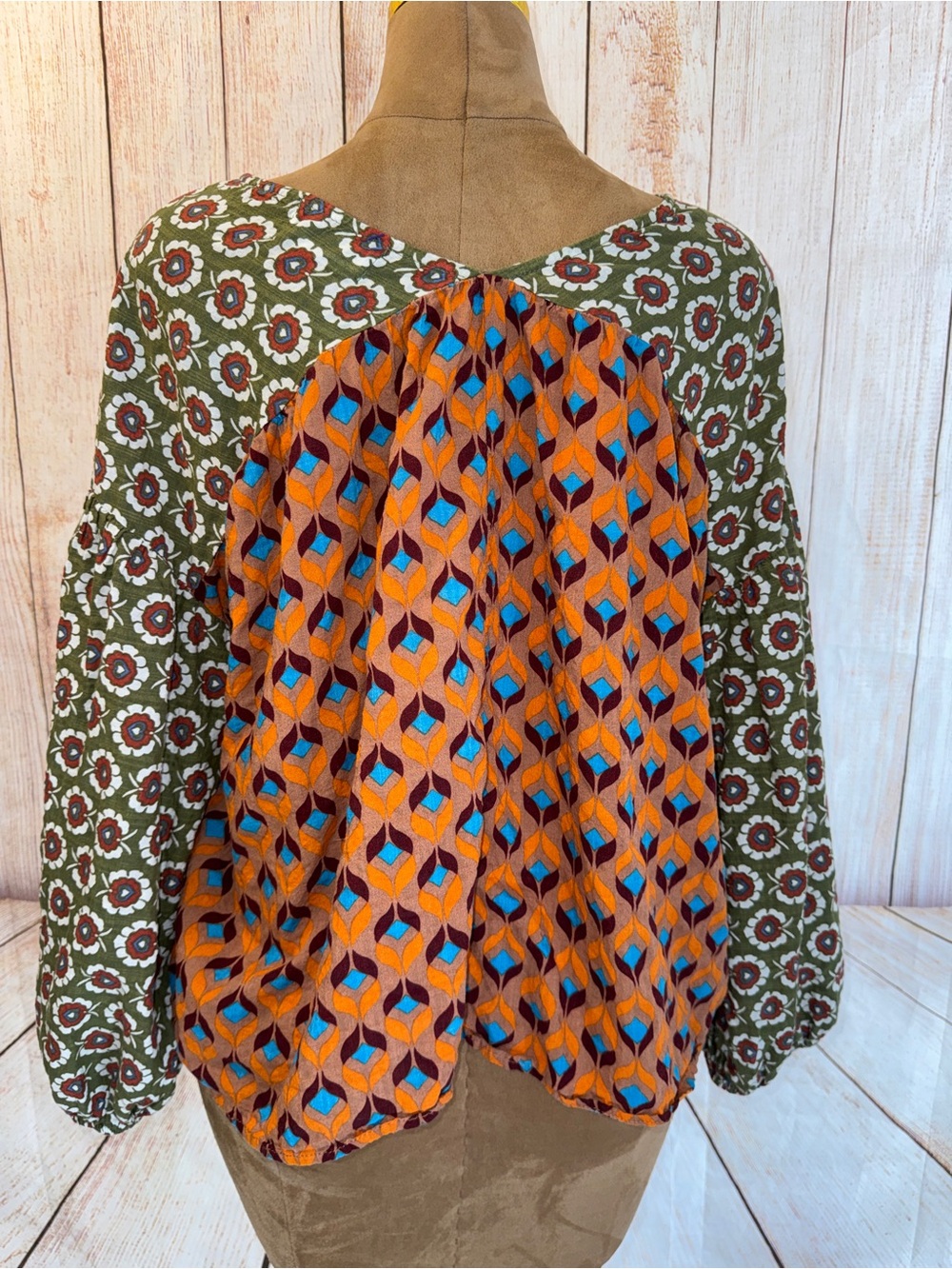 Bucket List Boho Floral Patchwork Peasant Blouse Green Orange Artsy Top L - Picture 6 of 10